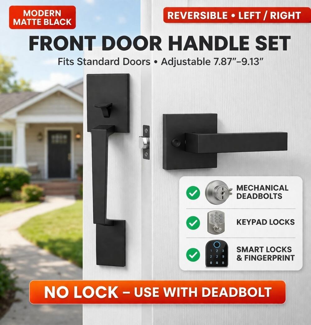 Heavy Duty Matte Black Front Door Handle Set Exterior Entry, Reversible No Lock
